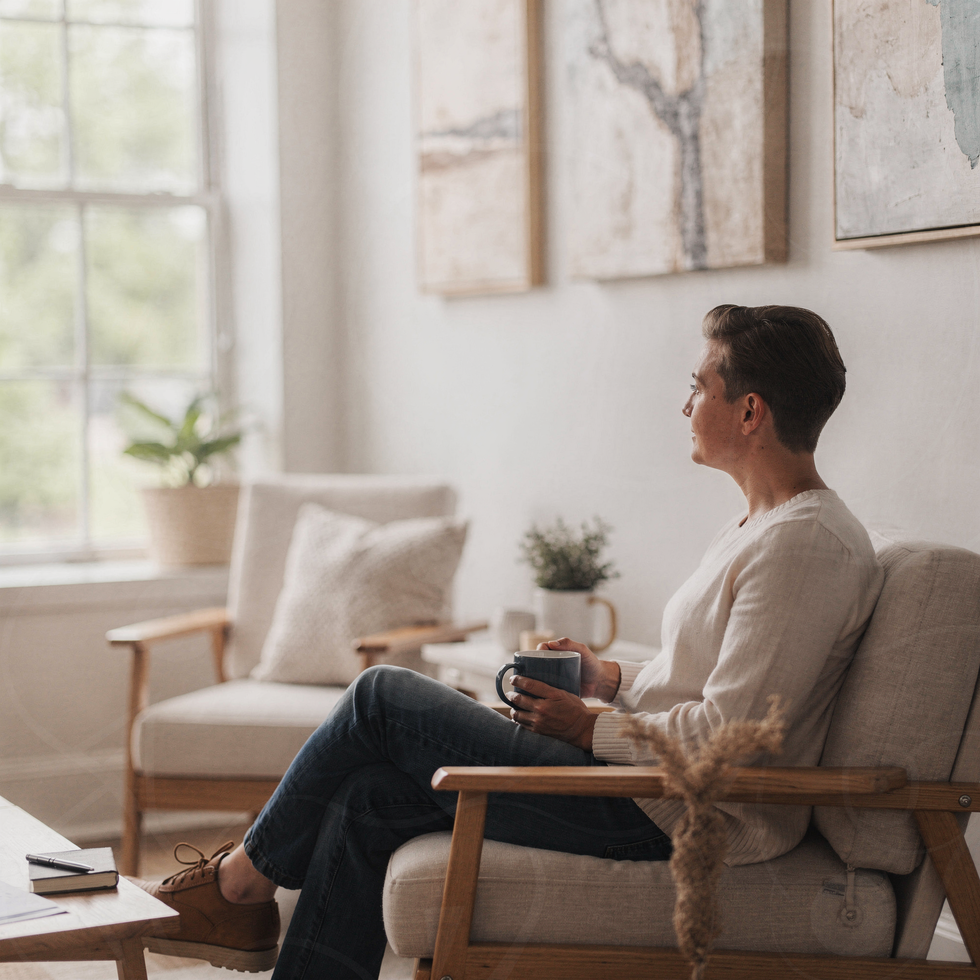 Man sitting on a couch in a bright, comfortable office holding a warm beverage